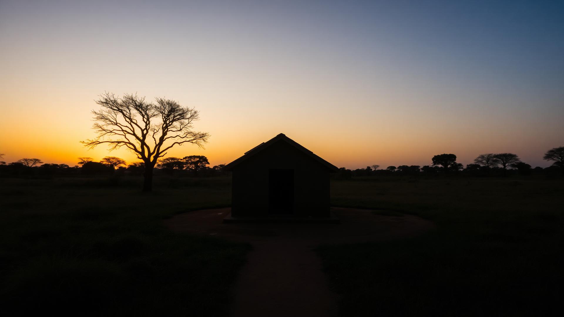 Small Kenyan chapel silhouetted at sunset