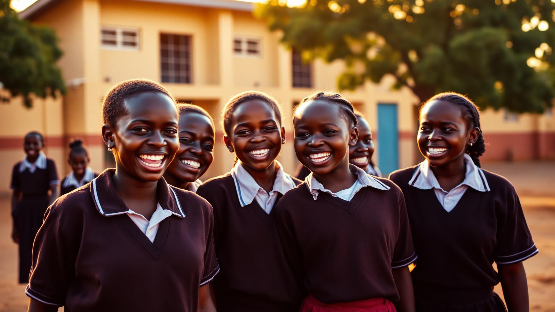 Kenyan schoolgirls smiling and laughing together in a schoolyard at golden hour