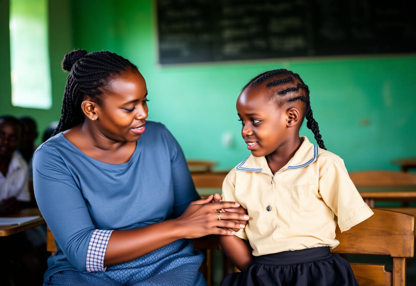 A Kenyan teacher quietly encouraging a young student in her classroom