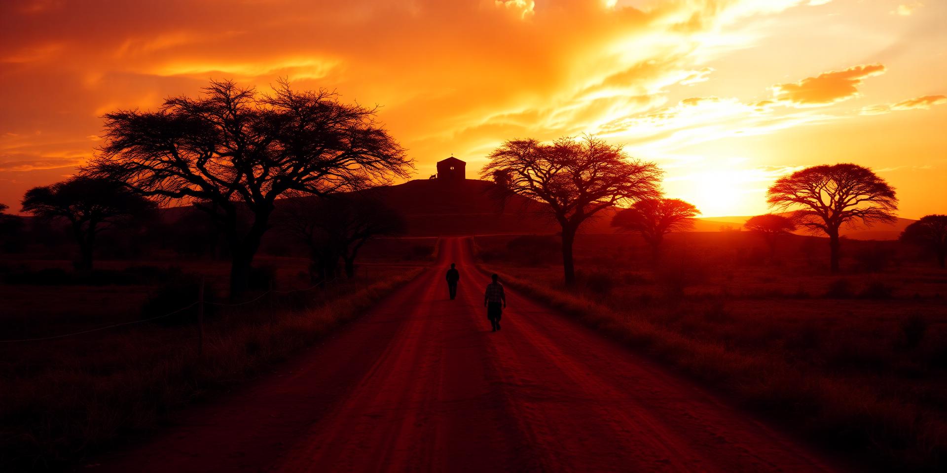 Red dirt road leading toward a chapel on a hill at sunset in rural Kenya