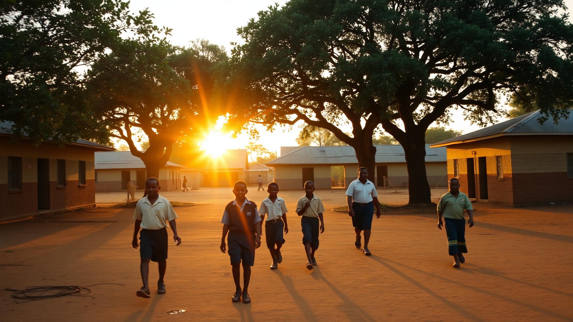 Kenyan schoolyard at golden sunset with children walking home under acacia trees