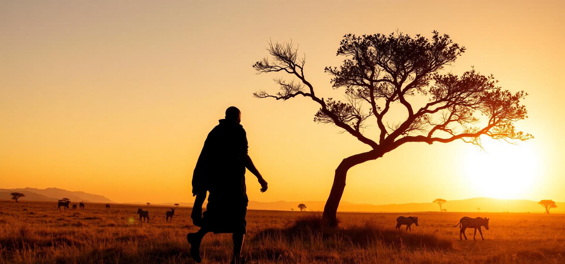 A lone figure walking across the Maasai plains at sunset